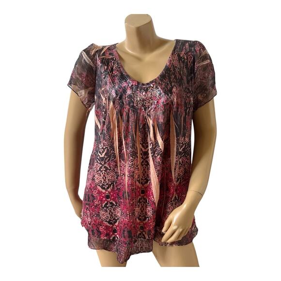 ONE WORLD Womens Plus Size 1X Short Sleeve Embellished Sublimated Tunic Shirt - Picture 1 of 7